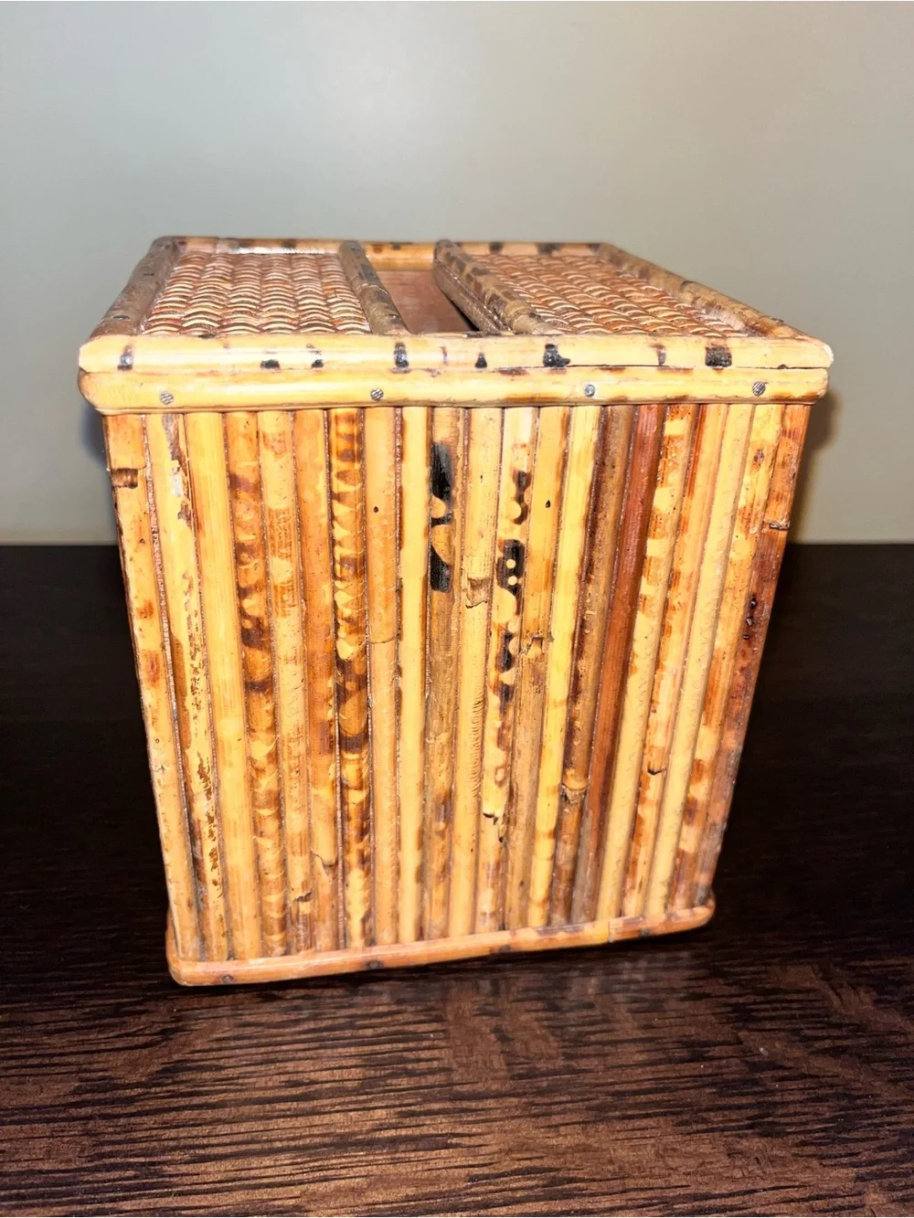 Vintage MCM Rattan Pencil Bamboo Tissue Box Cover Boho